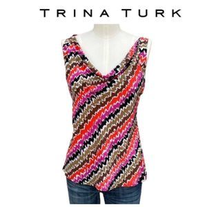 Trina Turk 100% Silk Luxury Abstract Zig Zag Print Sleeveless Blouse
